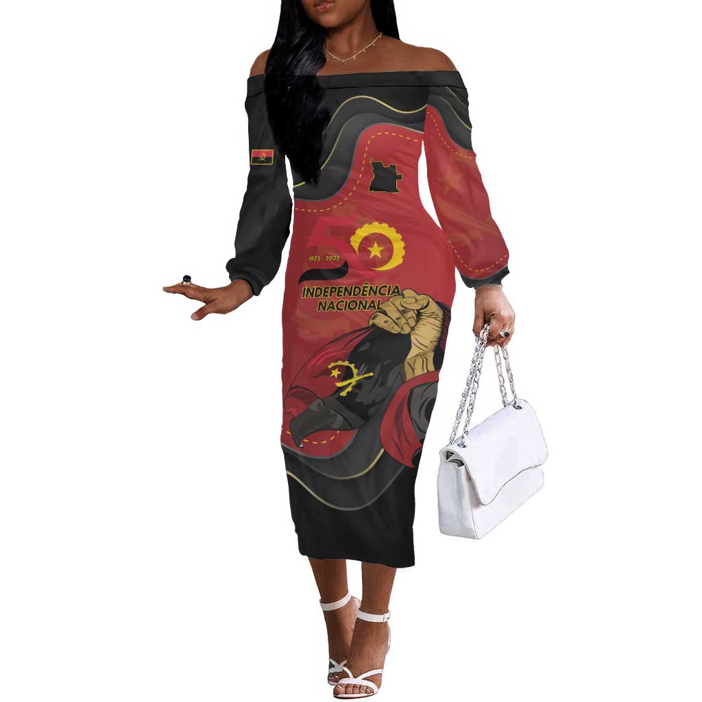 Personalized Dia da Independencia de Angola Off The Shoulder Long Sleeve Dress Virtus Unita Fortior - African Pride