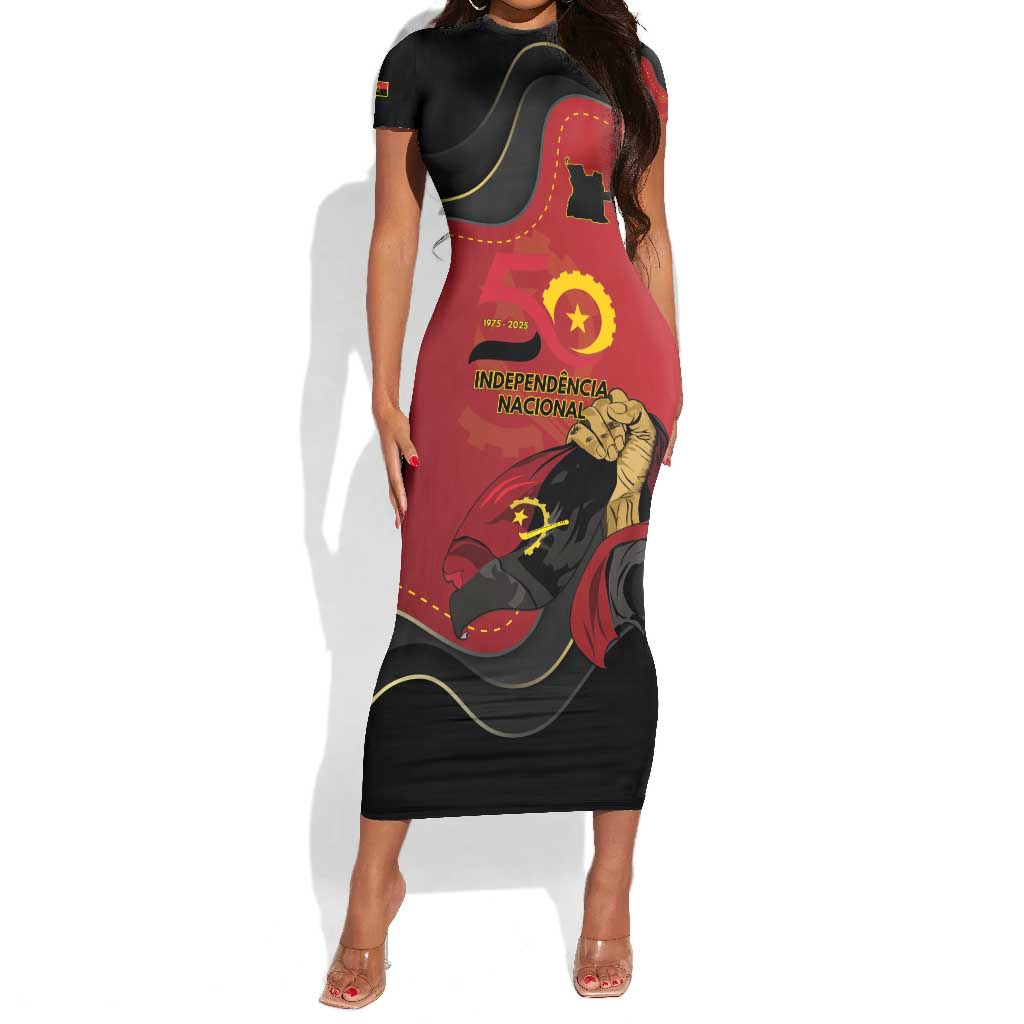 Personalized Dia da Independencia de Angola Short Sleeve Bodycon Dress Virtus Unita Fortior - African Pride