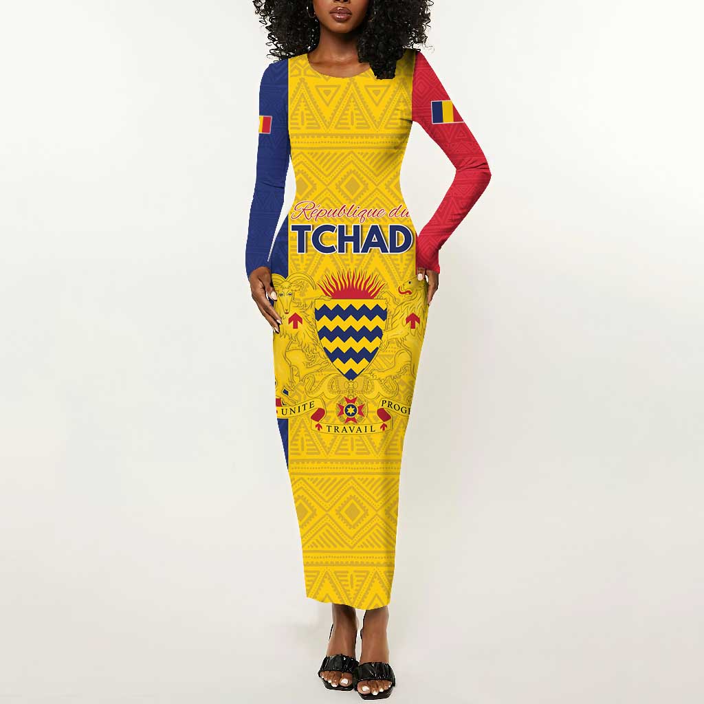 Personalized Chad Flag Style Long Sleeve Bodycon Dress African Pattern - African Pride