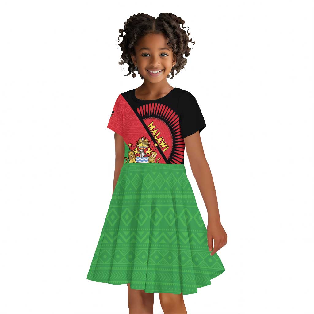 Personalized Afro Malawi Kid Short Sleeve Dress Coat Of Arms - Southeastern Africa Pattern