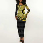 African Adinkra Long Sleeve Bodycon Dress Sankofa Bird - Gold Version - Chest Arm Tattoo