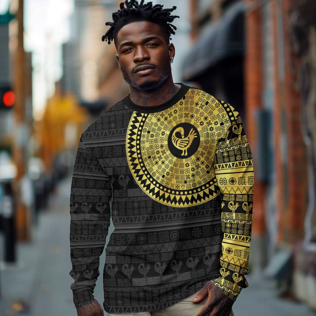 African Adinkra Long Sleeve Shirt Sankofa Bird - Gold Version - Chest Arm Tattoo