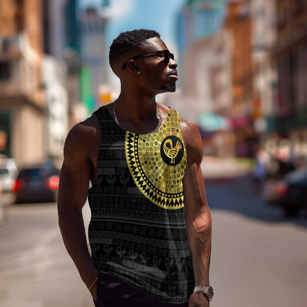 African Adinkra Men Tank Top Sankofa Bird - Gold Version - Chest Arm Tattoo