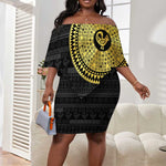 African Adinkra Off Shoulder Short Dress Sankofa Bird - Gold Version - Chest Arm Tattoo