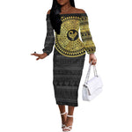 African Adinkra Off The Shoulder Long Sleeve Dress Sankofa Bird - Gold Version - Chest Arm Tattoo