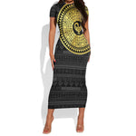 African Adinkra Short Sleeve Bodycon Dress Sankofa Bird - Gold Version - Chest Arm Tattoo