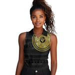 African Adinkra Women Sleeveless Polo Shirt Sankofa Bird - Gold Version - Chest Arm Tattoo