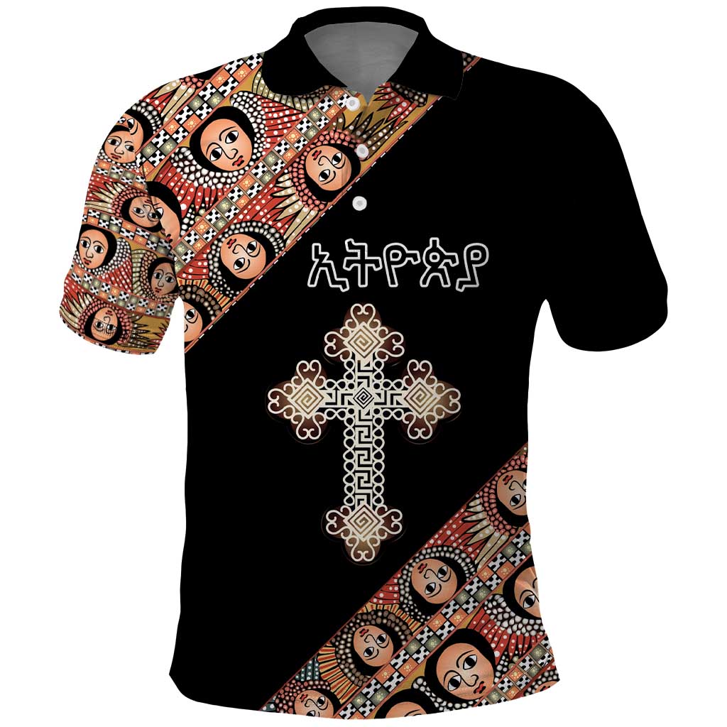 Personalized Ethiopia Polo Shirt Ethiopian Orthodox Church Angel Black Color