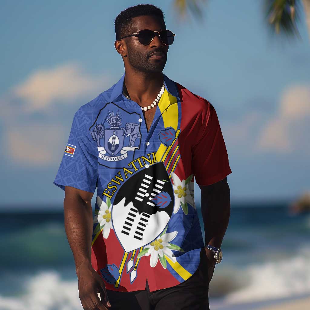 Umbuso weSwatini Hawaiian Shirt Nguni Shield Edelweiss Flower