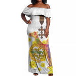 Melkam Enkutatash Eritrean Off Shoulder Maxi Dress Camel With Habesha Tilet Pattern - African Pride