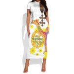 Melkam Enkutatash Eritrean Short Sleeve Bodycon Dress Camel With Habesha Tilet Pattern - African Pride