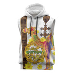 Melkam Enkutatash Eritrean Sleeveless Hoodie Camel With Habesha Tilet Pattern - African Pride