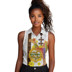 Melkam Enkutatash Eritrean Women Sleeveless Polo Shirt Camel With Habesha Tilet Pattern - African Pride