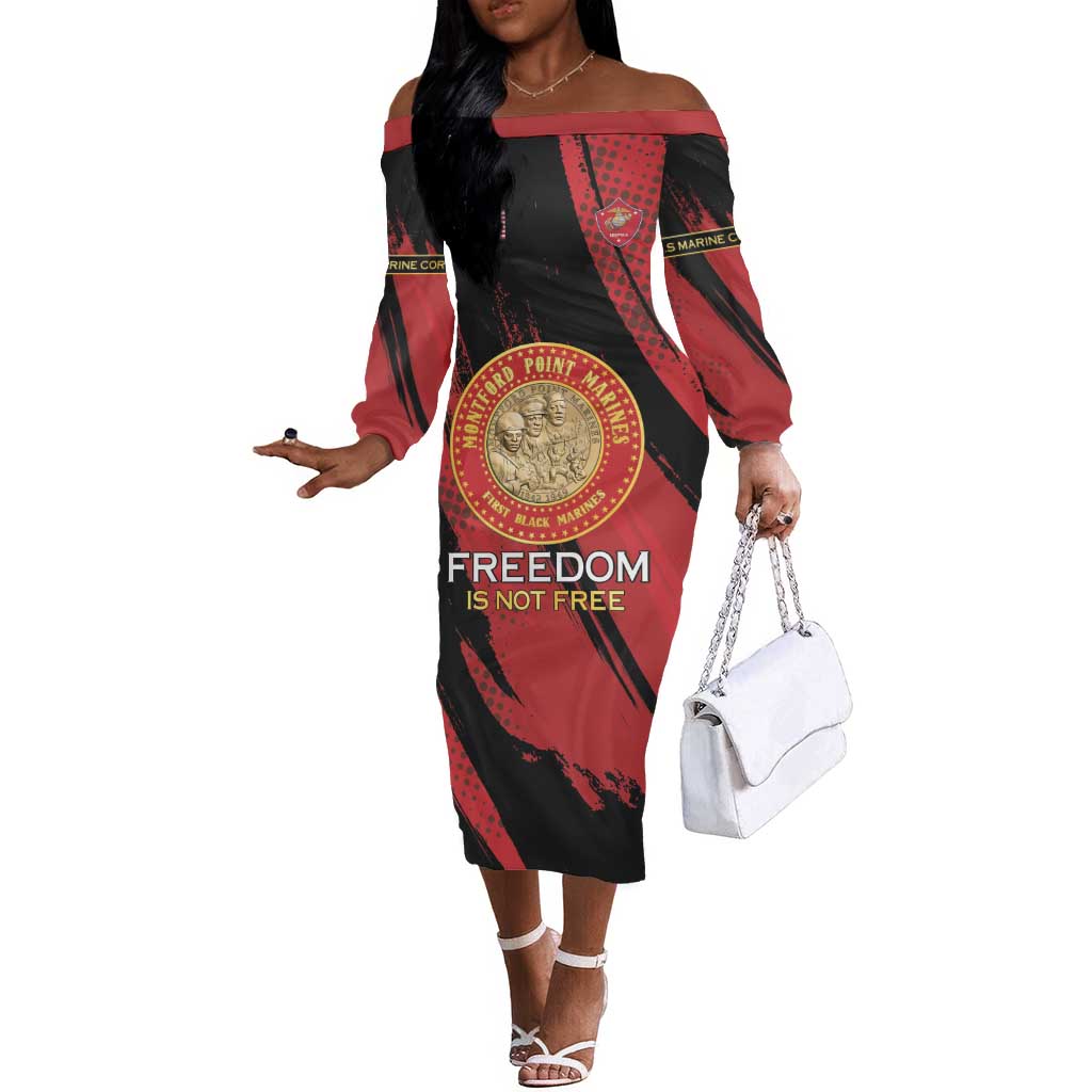 Personalized Honoring the First Black Marines Off The Shoulder Long Sleeve Dress Montford Point Heroes - Red - African Pride