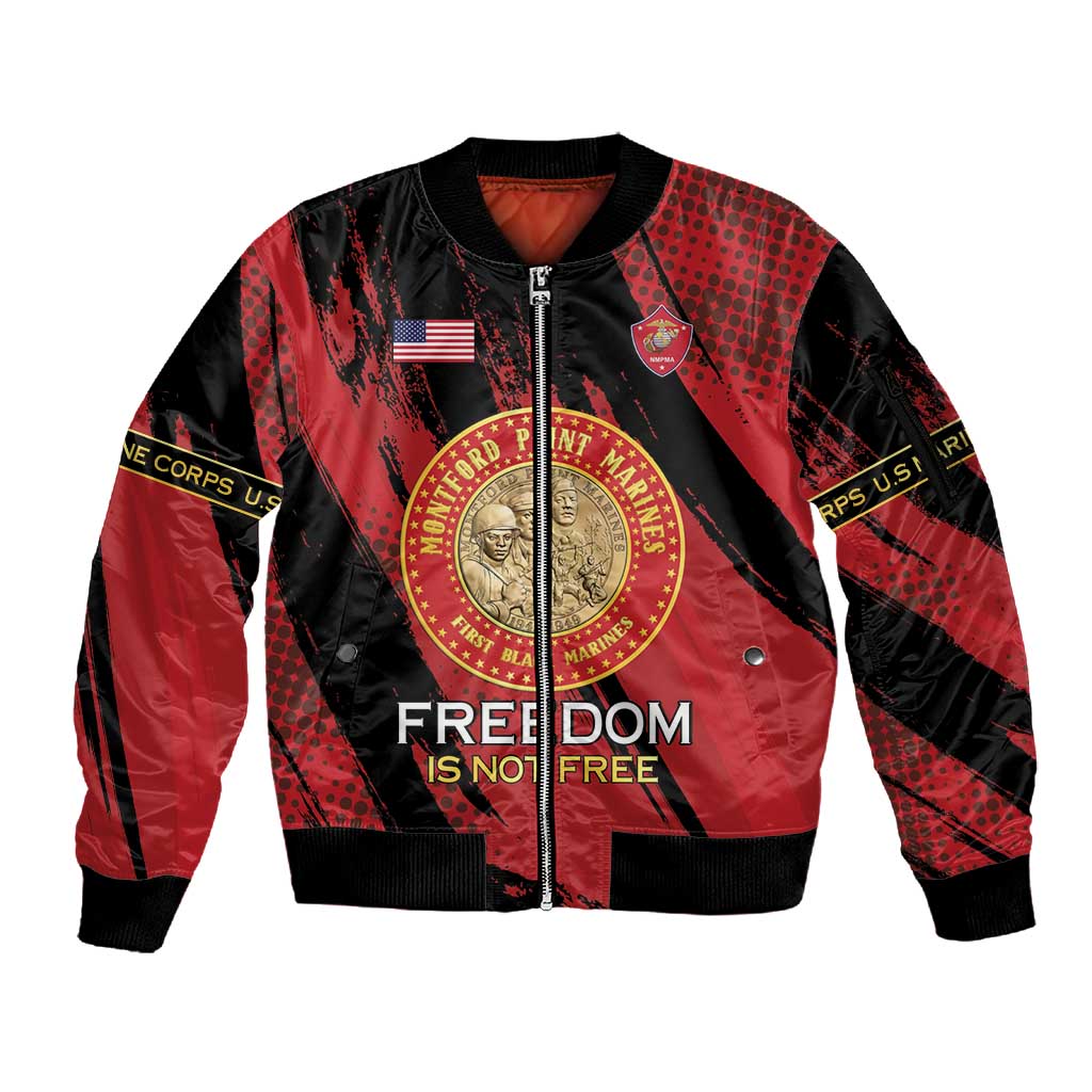 Personalized Honoring the First Black Marines Sleeve Zip Bomber Jacket Montford Point Heroes - Red - African Pride