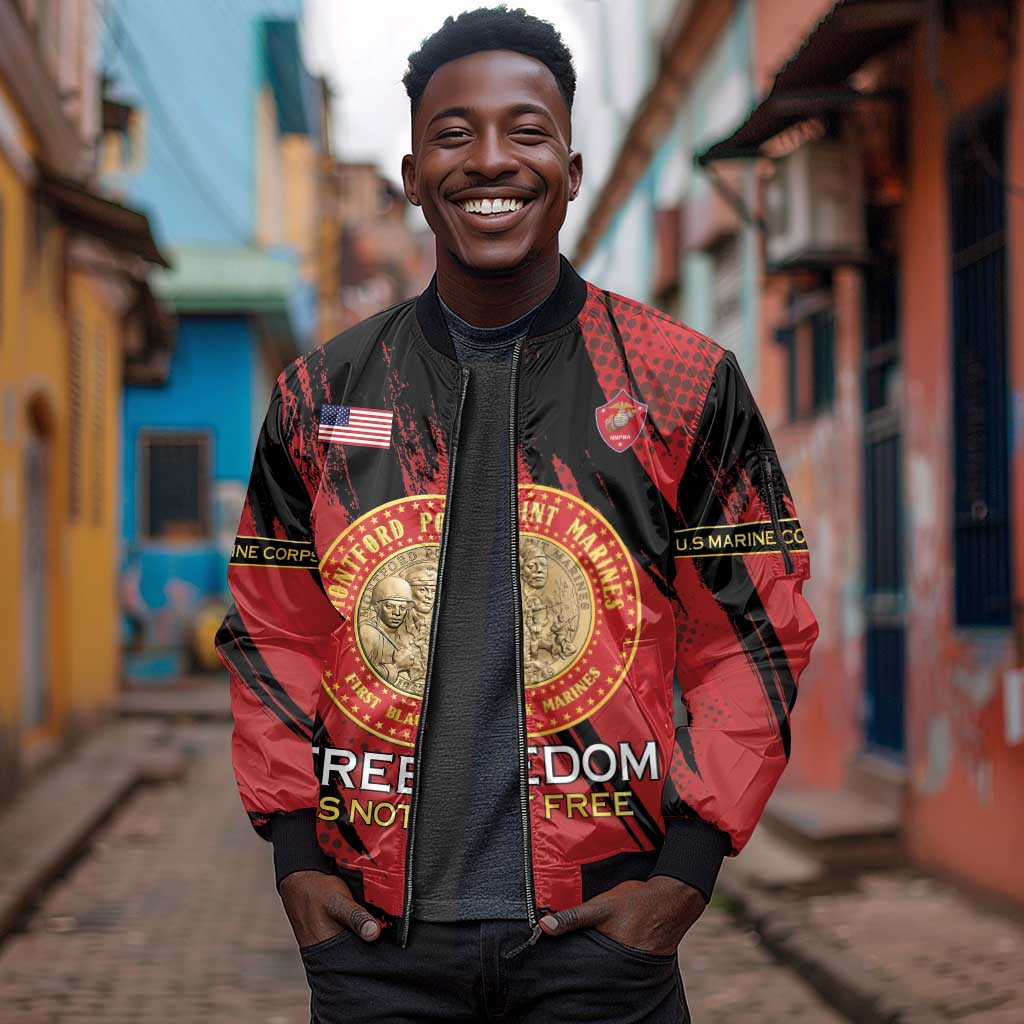 Personalized Honoring the First Black Marines Sleeve Zip Bomber Jacket Montford Point Heroes - Red - African Pride