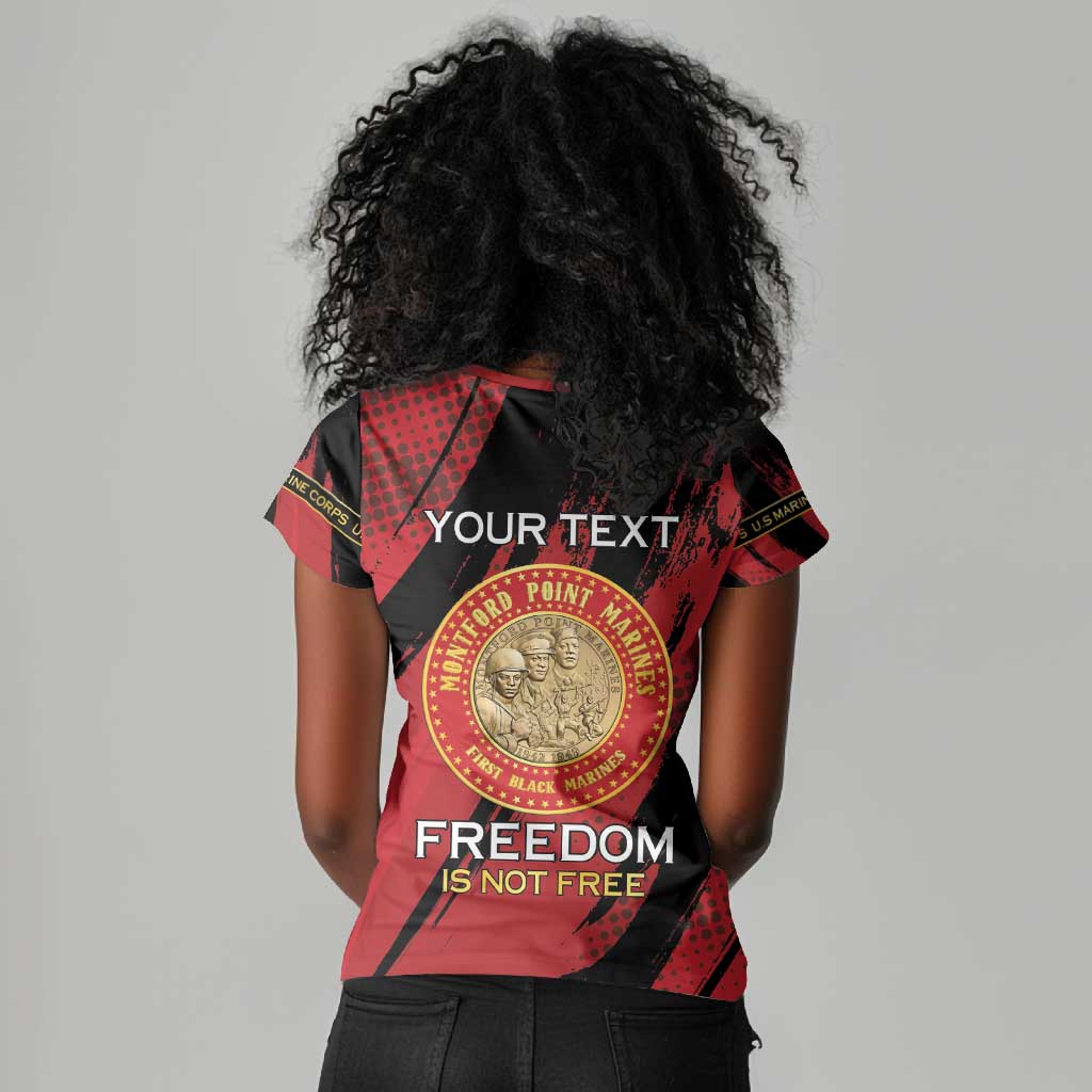 Personalized Honoring the First Black Marines Women V-Neck T-Shirt Montford Point Heroes - Red - African Pride