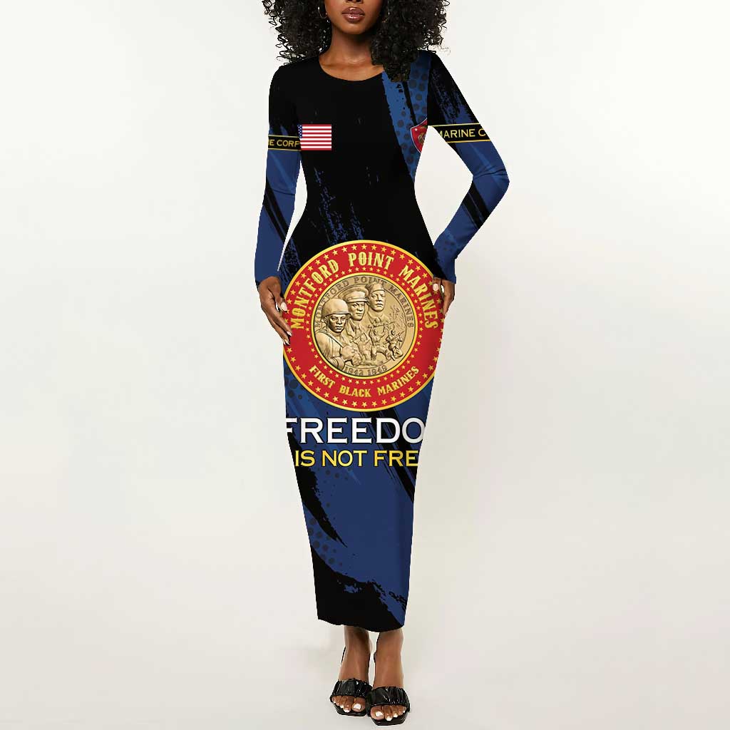 Personalized Honoring the First Black Marines Long Sleeve Bodycon Dress Montford Point Heroes - Blue - African Pride