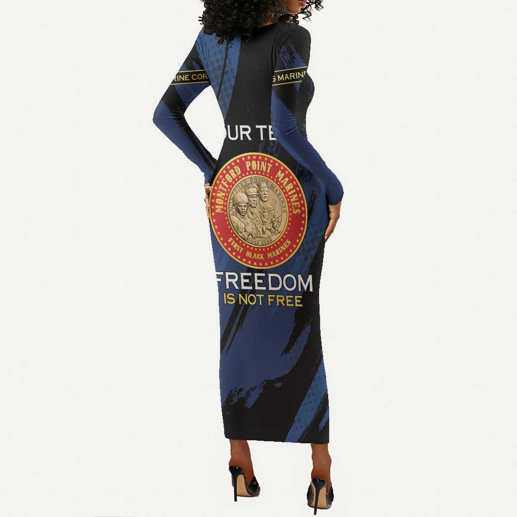 Personalized Honoring the First Black Marines Long Sleeve Bodycon Dress Montford Point Heroes - Blue - African Pride