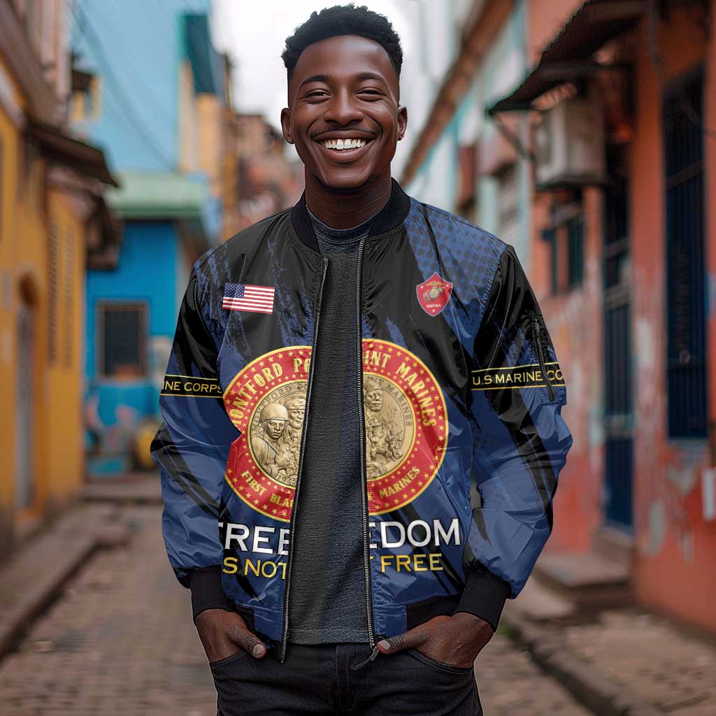 Personalized Honoring the First Black Marines Sleeve Zip Bomber Jacket Montford Point Heroes - Blue - African Pride