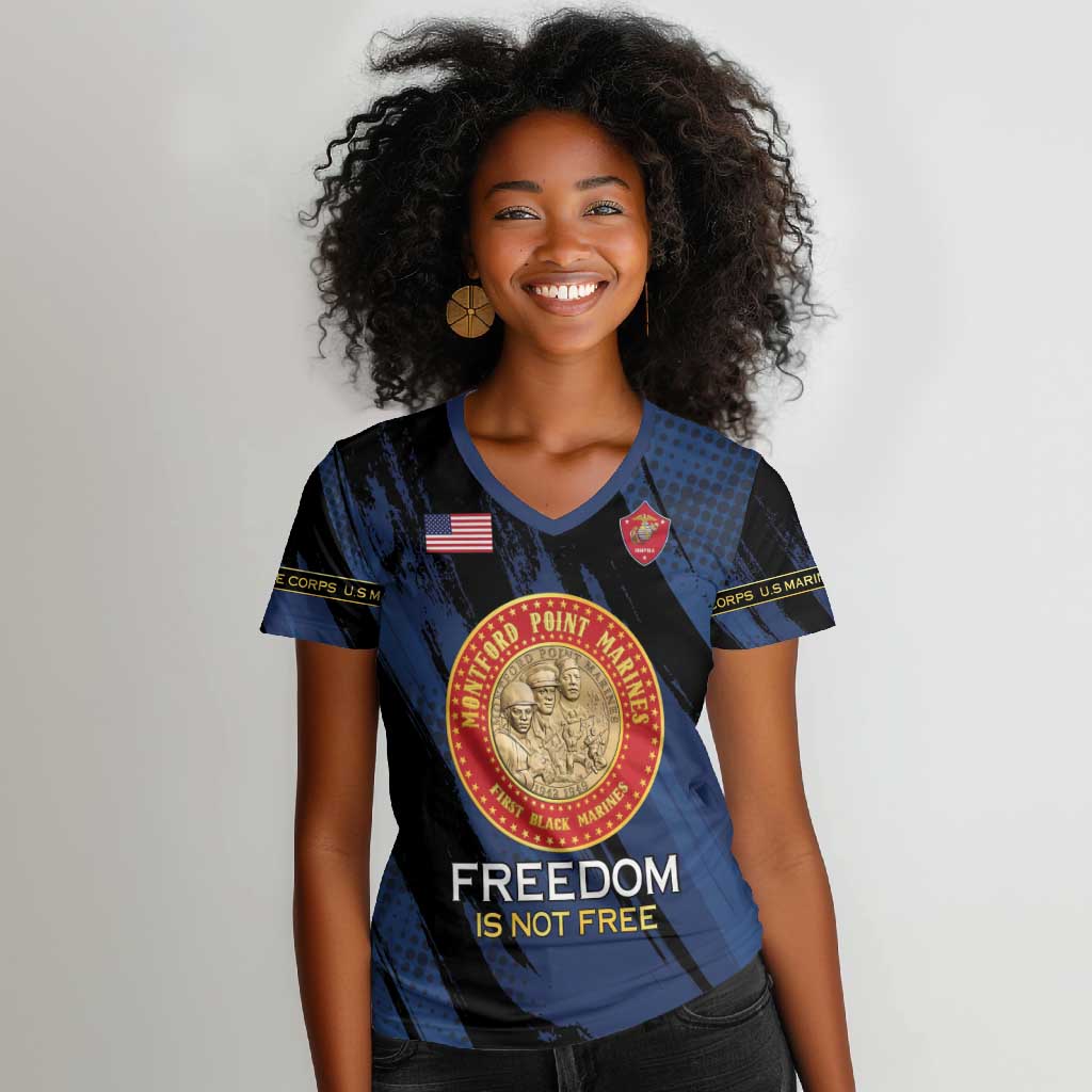 Personalized Honoring the First Black Marines Women V-Neck T-Shirt Montford Point Heroes - Blue - African Pride