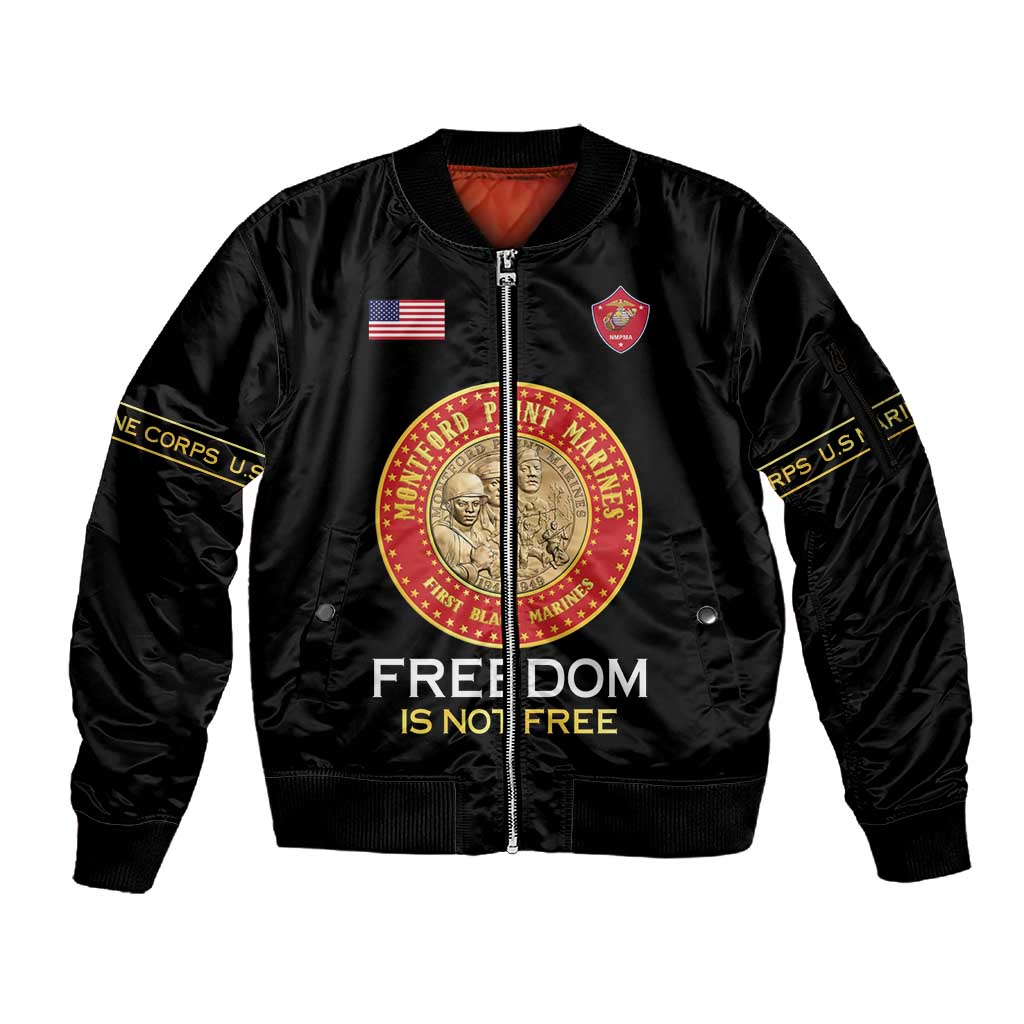 Personalized Honoring the First Black Marines Sleeve Zip Bomber Jacket Montford Point Heroes - Black - African Pride