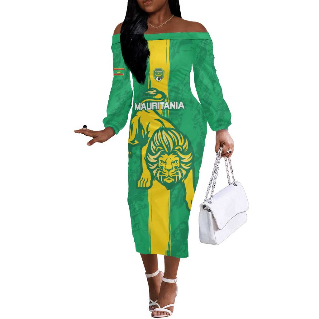 Custom Mauritania Football Off The Shoulder Long Sleeve Dress Go Lions of Chinguetti by AfricanPride Custom Mauritania Football Off The Shoulder Long Sleeve Dress Go Lions of Chinguetti by AfricanPride