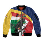 Personalized Happy Seychelles Independence Day Sleeve Zip Bomber Jacket Black Parrot Coat Of Arms