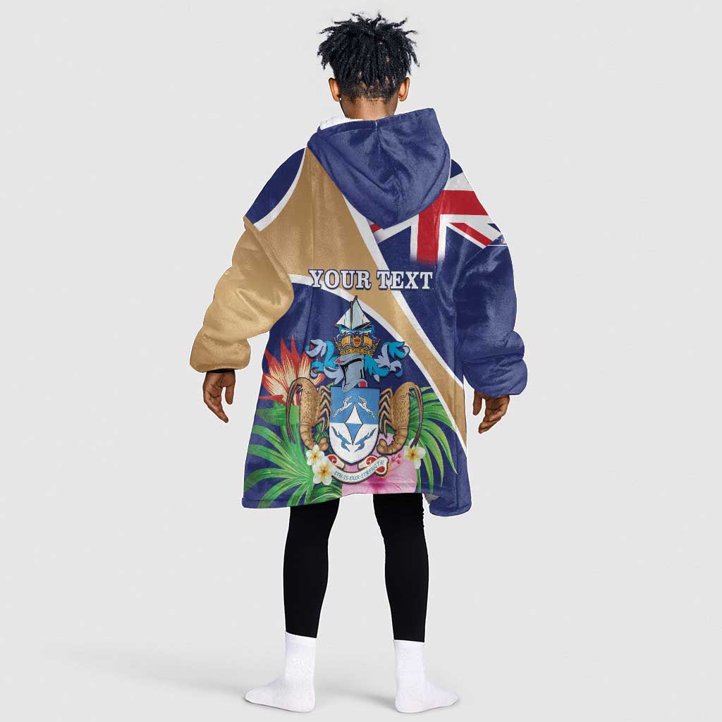 Personalized Tristan da Cunha Kid Wearable Blanket Hoodie Coat Of Arms Tropical Flowers