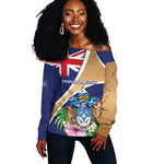 Personalized Tristan da Cunha Off Shoulder Sweater Coat Of Arms Tropical Flowers