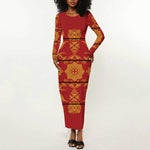 Basotho Blanket Long Sleeve Bodycon Dress Lesotho Seanamarena Kharetsa Royal Red - African Pride