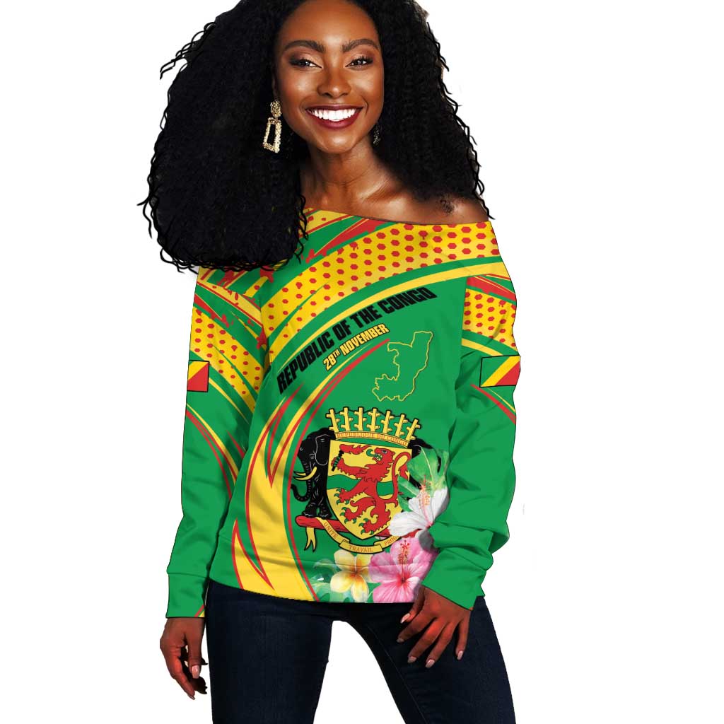 Personalized République du Congo Off Shoulder Sweater Happy Republic Day - Grunge Style - African Pride
