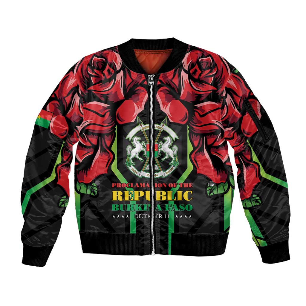 Afro Burkina Faso Republic Day Sleeve Zip Bomber Jacket Coat Of Arms With Rose - Sporty Style - African Pride