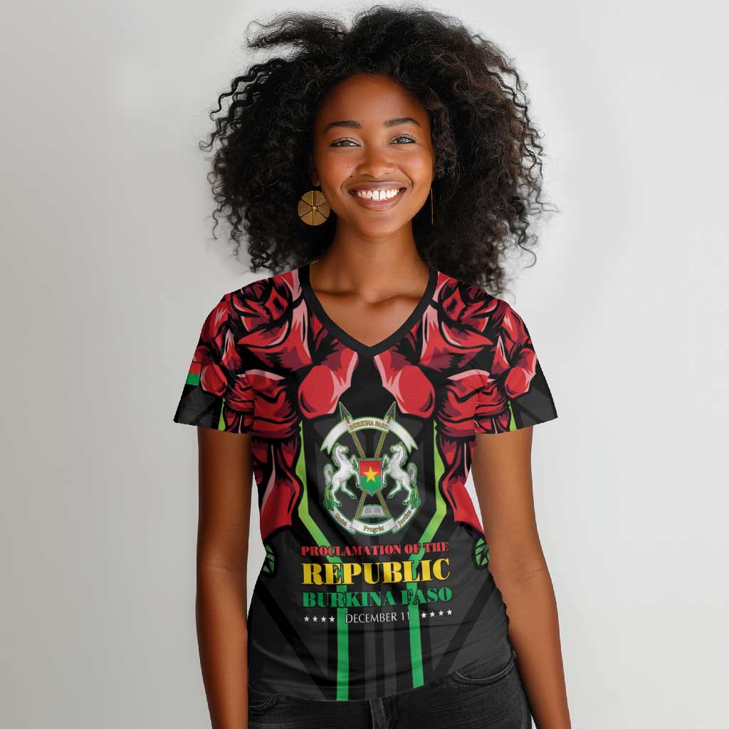Afro Burkina Faso Republic Day Women V-Neck T-Shirt Coat Of Arms With Rose - Sporty Style - African Pride