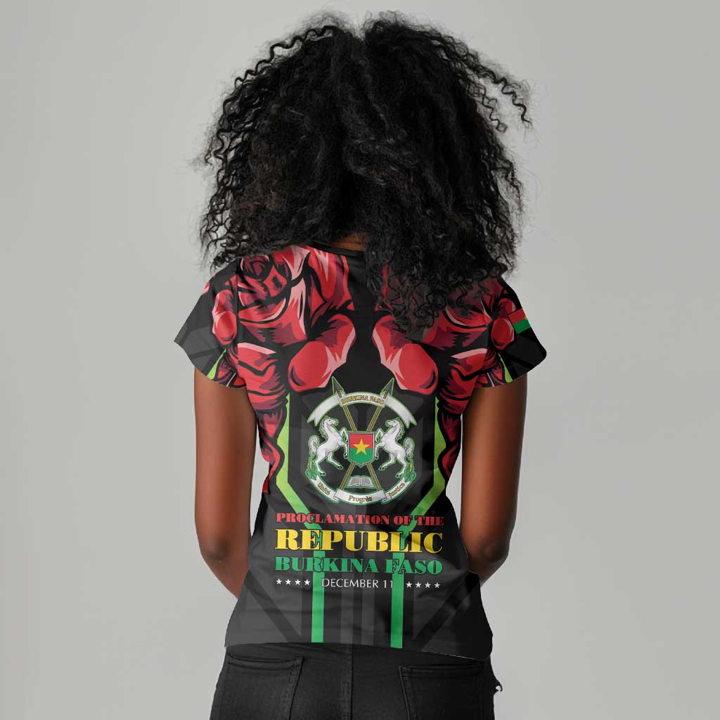 Afro Burkina Faso Republic Day Women V-Neck T-Shirt Coat Of Arms With Rose - Sporty Style - African Pride