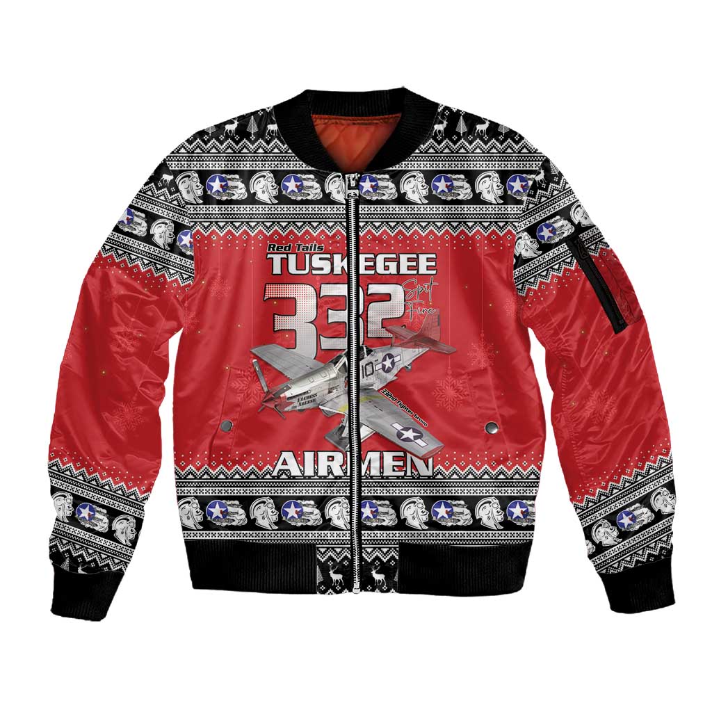 Afro Christmas Tuskegee Red Tails Airmen Sleeve Zip Bomber Jacket Merry Christmas - African Pride