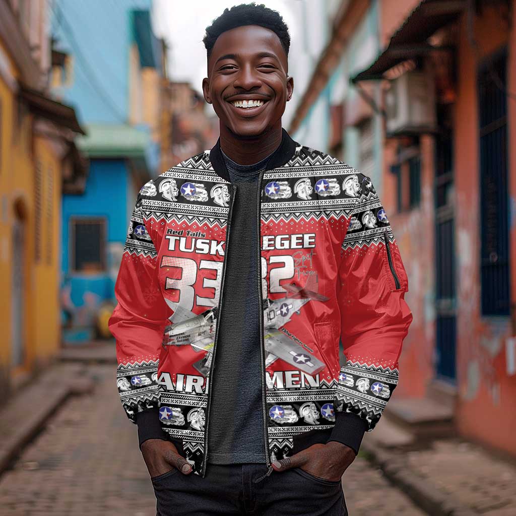 Afro Christmas Tuskegee Red Tails Airmen Sleeve Zip Bomber Jacket Merry Christmas - African Pride