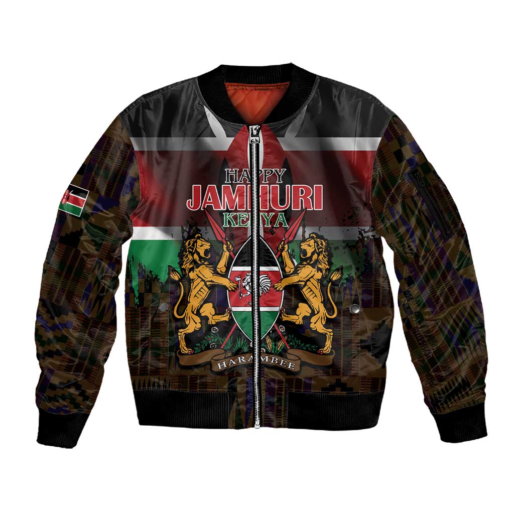 Kenya Jamhuri Day Sleeve Zip Bomber Jacket Coat Of Arms With Kente Pattern - African Pride