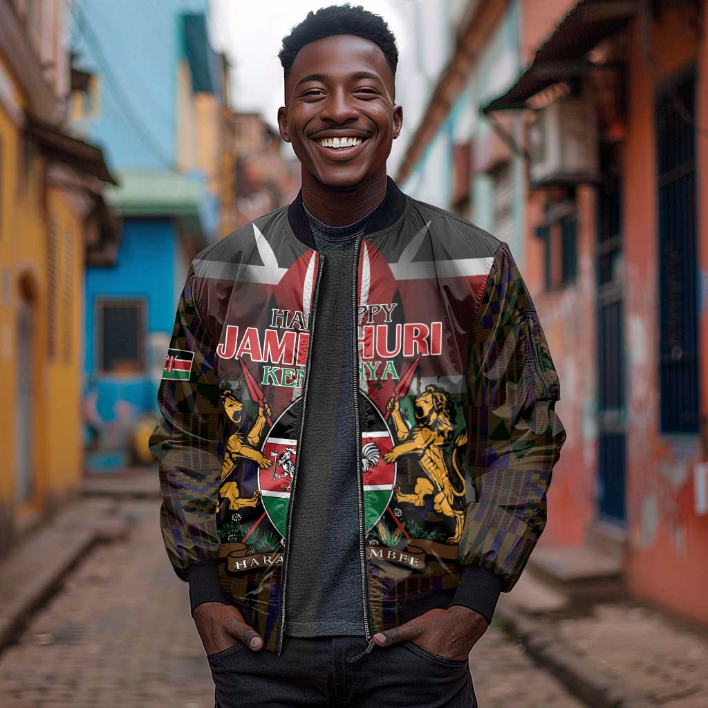 Kenya Jamhuri Day Sleeve Zip Bomber Jacket Coat Of Arms With Kente Pattern - African Pride
