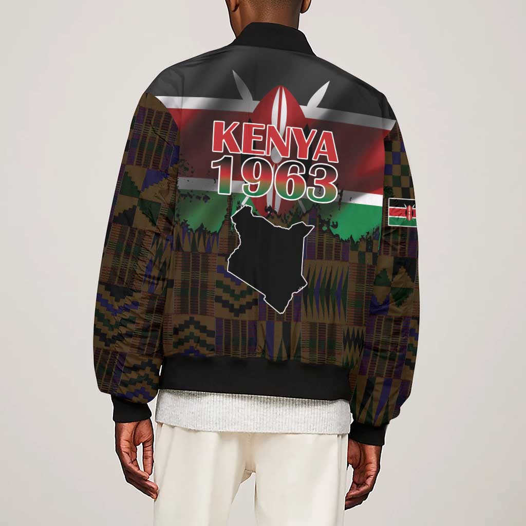 Kenya Jamhuri Day Sleeve Zip Bomber Jacket Coat Of Arms With Kente Pattern - African Pride