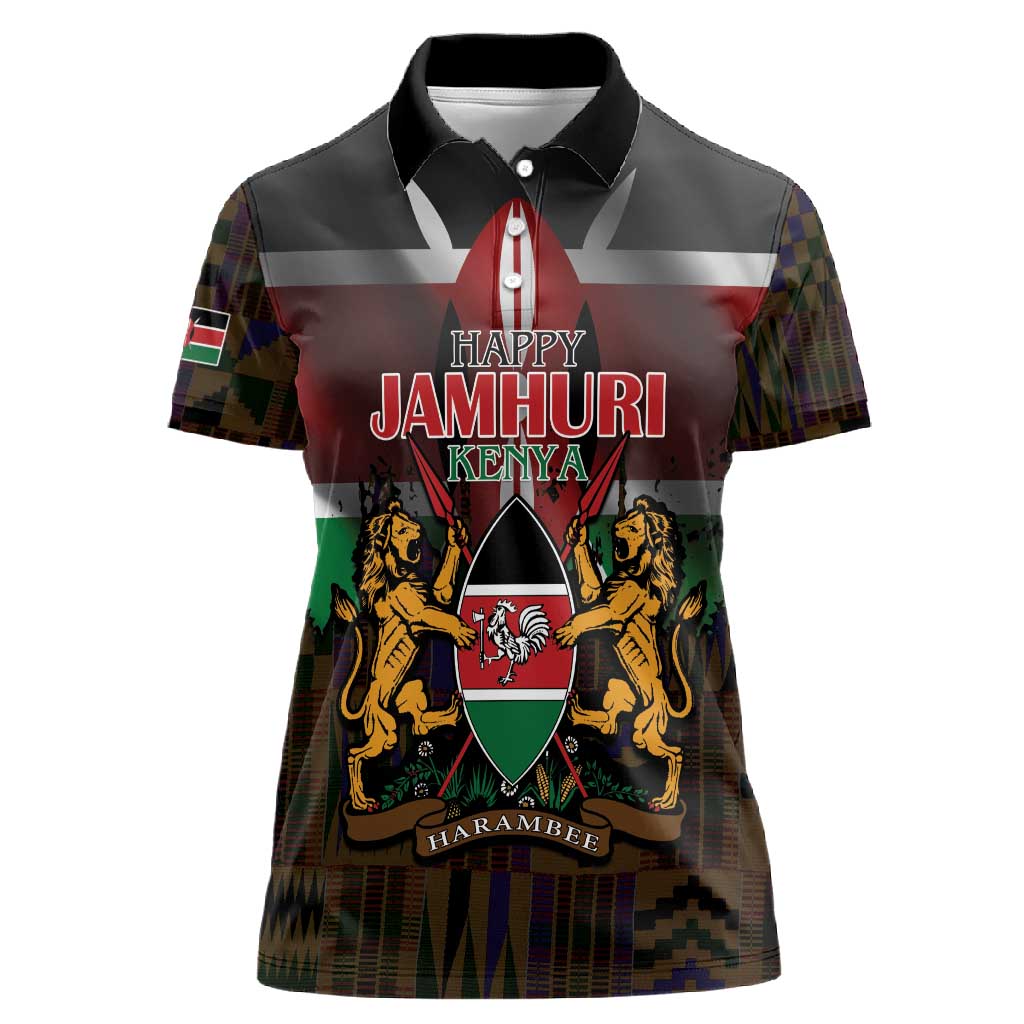 Kenya Jamhuri Day Women Polo Shirt Coat Of Arms With Kente Pattern - African Pride