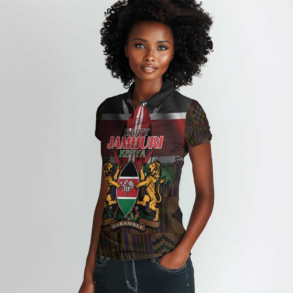 Kenya Jamhuri Day Women Polo Shirt Coat Of Arms With Kente Pattern - African Pride