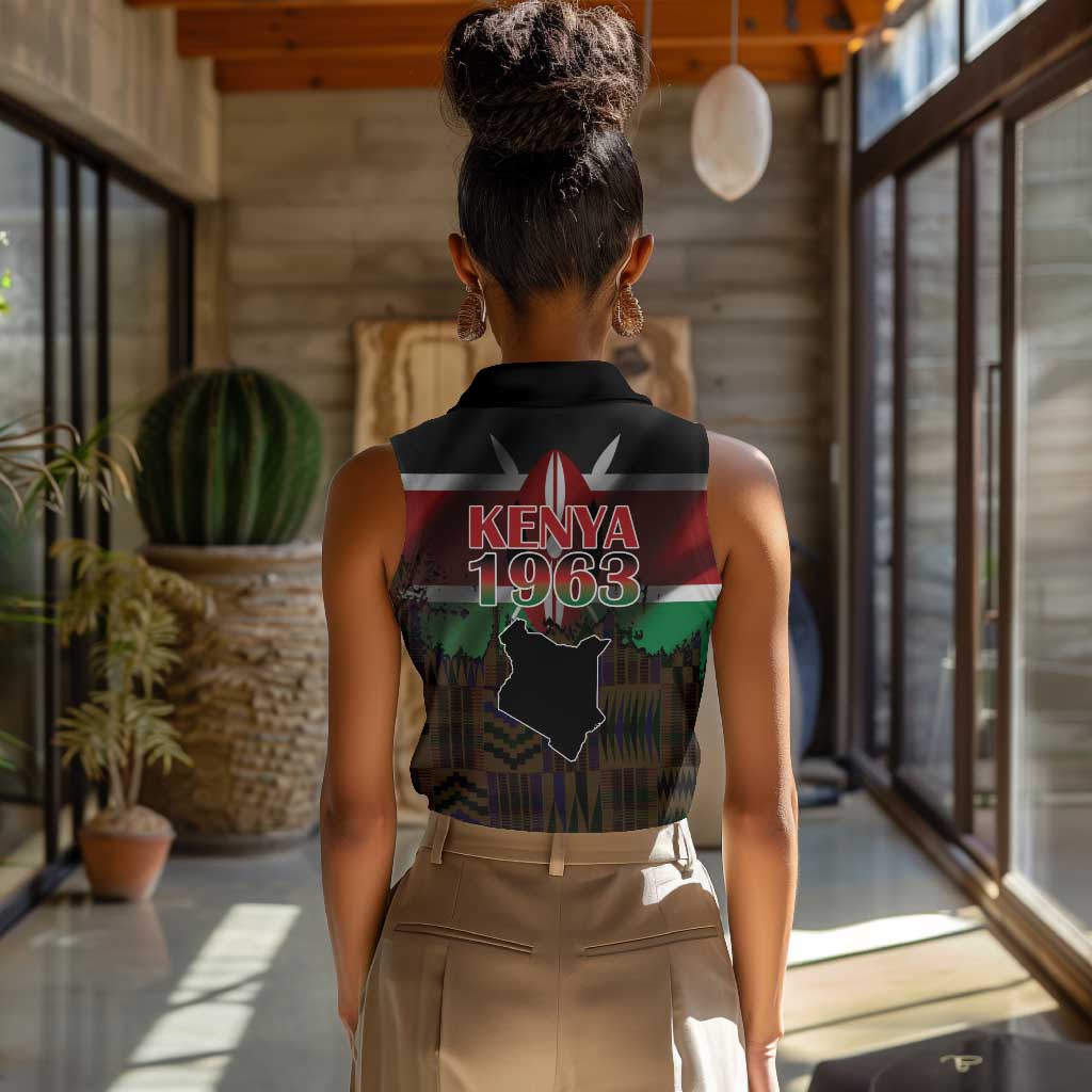 Kenya Jamhuri Day Women Sleeveless Polo Shirt Coat Of Arms With Kente Pattern - African Pride