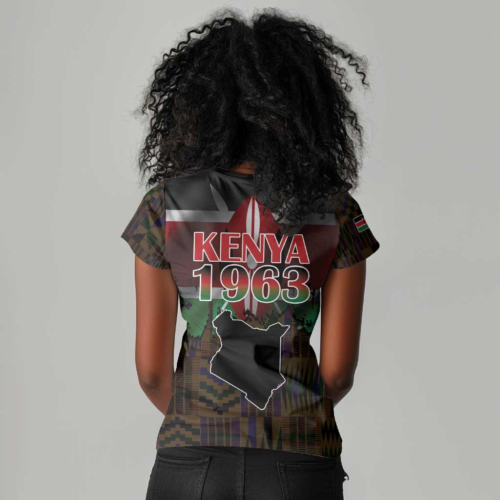 Kenya Jamhuri Day Women V-Neck T-Shirt Coat Of Arms With Kente Pattern - African Pride