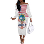 Personalised Liberia Flag Day Off The Shoulder Long Sleeve Dress Coat Of Arms With Map