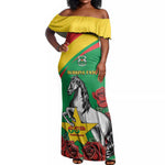Personalized Burkina Faso Off Shoulder Maxi Dress White Stallion With Red Rose - Republic Day