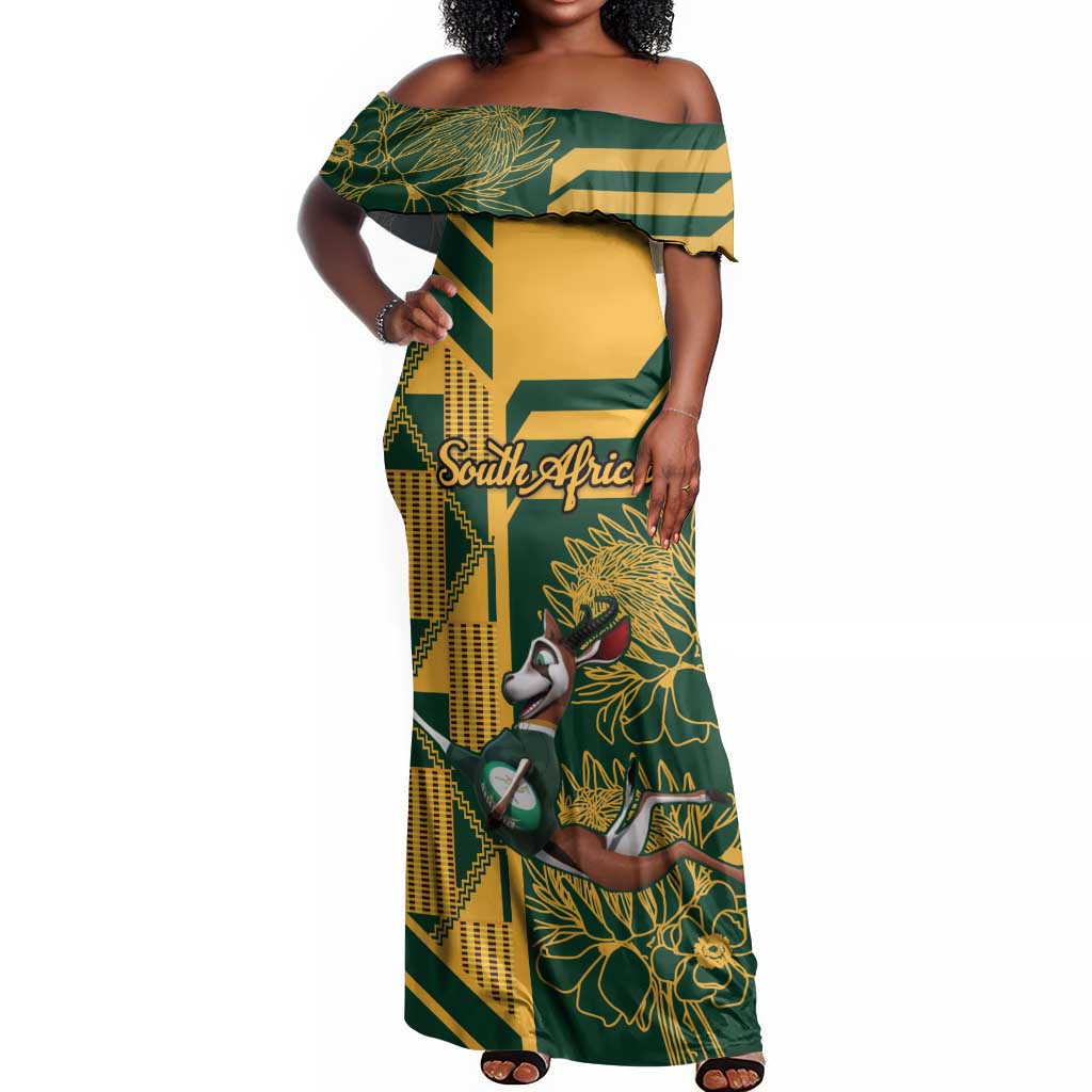 Custom South Africa Rugby Off Shoulder Maxi Dress Springboks With Protea Cynaroides