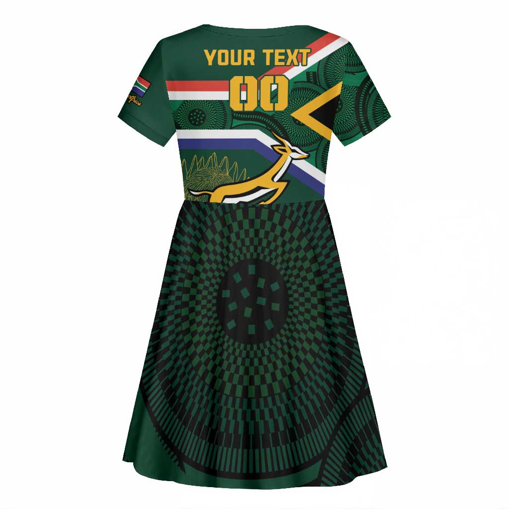 Custom South Africa Rugby Kid Short Sleeve Dress Springboks Mascot African Pattern
