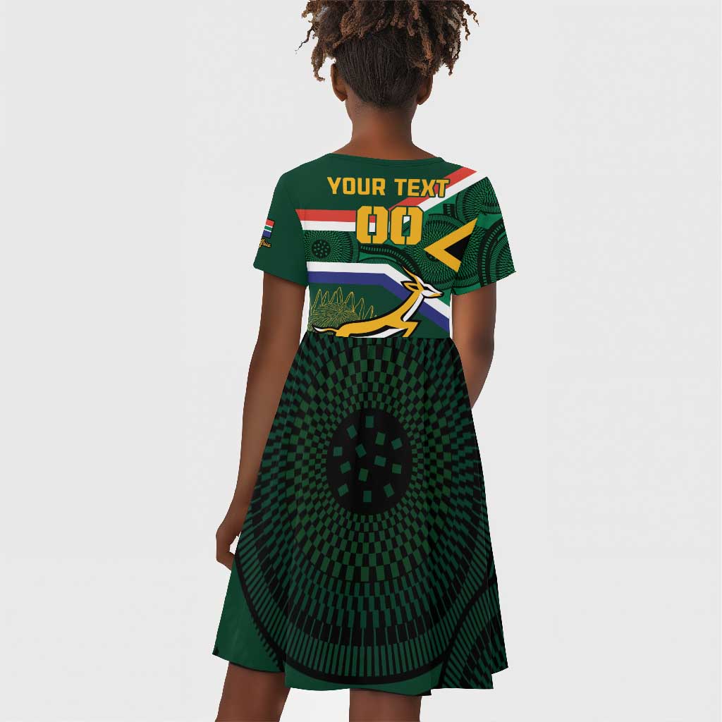 Custom South Africa Rugby Kid Short Sleeve Dress Springboks Mascot African Pattern