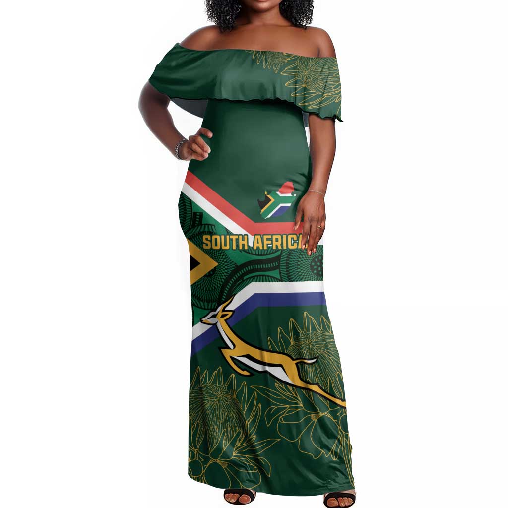 Custom South Africa Rugby Off Shoulder Maxi Dress Springboks Mascot African Pattern